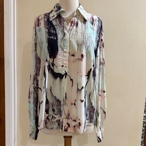 Button-Down Abstract Print Long-Sleeve Blouse - Mint/Black/Pink